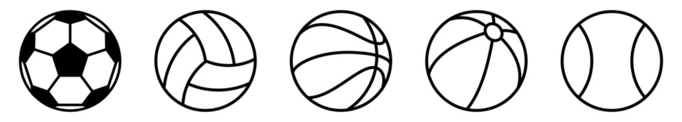 Ball linear icons. Set of different ball icons. Sport symbols. Black vector illustration.