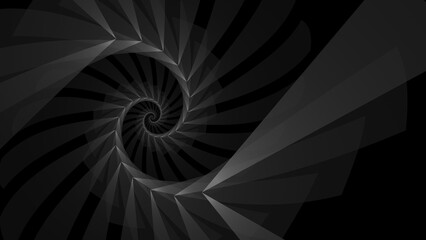 Black abstract geometric nautilus spiral wallpaper background. Elegant minimal subtle dark grey psychedelic sacred geometry polygon wave backdrop. Technology or luxury concept 3D fractal rendering.