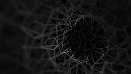 Black abstract metaverse warped mesh grid wallpaper background. Elegant minimal subtle dark grey geometric low poly cyberspace line shapes backdrop. Technology or luxury concept 3D fractal rendering.