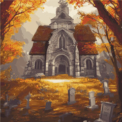 Fototapeta na wymiar Catholic church vector illustration in gothic style in autumn forest. Vector freehand drawing in vintage style. Old church, trees, forest. Concept for halloween holiday.