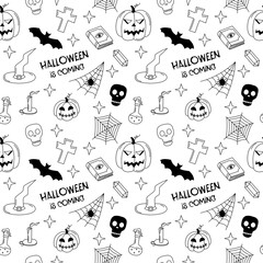 Halloween doodle pattern. Black and white seamless background with Halloween spooky symbols jack o lanterns, web, skull, grave. Vector illustration with text and hand drawn outline elements