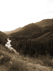Vintage misty landscape with hills and rocks  in sepia tones.