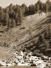 Vintage misty landscape with hills and rocks  in sepia tones.