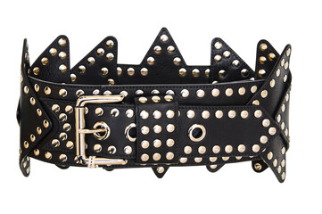 a black belt with a buckle and studs as a bright accessory for women's clothing