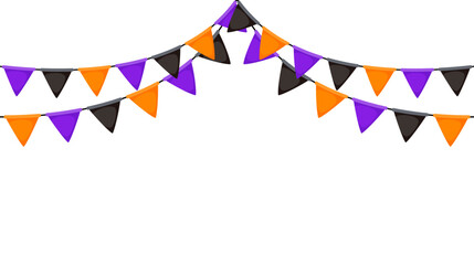 Halloween bunting. Black, orange and purple flag garland. Triangle pennants chain pattern. Party bunting decoration. Celebration flags for decor. Vector banner background 