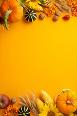 Autumn harvest concept. Top view vertical photo of raw vegetables pumpkins maize apple walnuts...