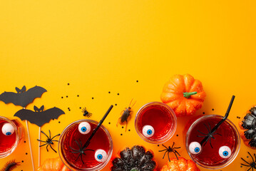 Halloween party concept. Top view photo of floating eyes punch in glasses bat silhouettes pumpkins insects cockroach spiders and confetti on isolated yellow background with empty space