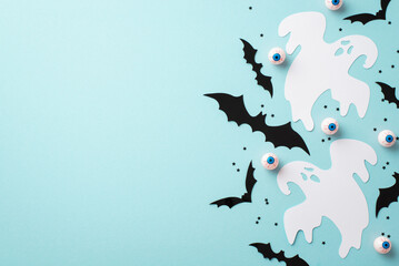 Halloween concept. Top view photo of ghost bat silhouettes spooky eyes and black confetti on...