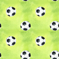 Realistic sports balls seamless pattern. Watercolor illustration soccer balls. Isolated balls on green watercolor. Hand drawing.