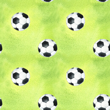 Realistic sports balls seamless pattern. Watercolor illustration soccer balls. Isolated balls on green watercolor. Hand drawing.