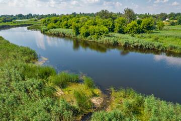 Drone view over summer river Ros landscape, Ukraine.