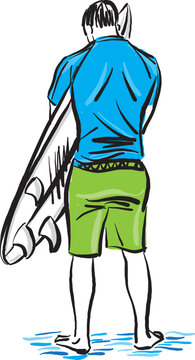 surfer man with surf board back view sports concept vector illustration