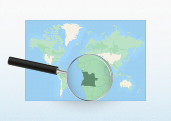 Map of the World with a magnifying glass aimed at Angola, searching Angola with loupe. - obrazy, fototapety, plakaty