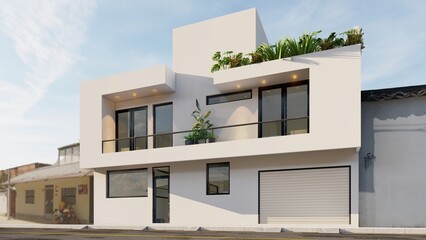 minimalist white facade, with volumes overlooking the street