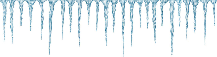 Group of light blue realistic icicles of different lengths connected at the top