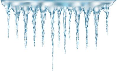 Group of light blue realistic icicles of different lengths connected at the top - obrazy, fototapety, plakaty