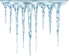 Group of light blue realistic icicles of different lengths connected at the top - obrazy, fototapety, plakaty