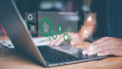 Obraz premium Industrial emissions pollute the environment and ecosystems. including climate change Carbon Renewable Energy Agreement reduce greenhouse gas emissions ,Businessmen use laptops to work.