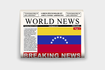 Venezuela country newspaper with flag, breaking news on newsletter, news concept, gazette page with headline