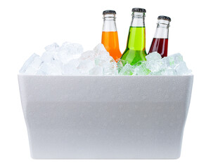 Cooler with ice and bottles of soda. Styrofoam Cooler box. White foam plastic cooler box for ice....
