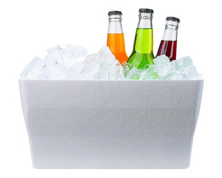 Cooler with ice and bottles of soda. Styrofoam Cooler box. White foam plastic cooler box for ice. Take cold beer, drink, food on the beach. Fridge container for picnic. Isolated on white background.