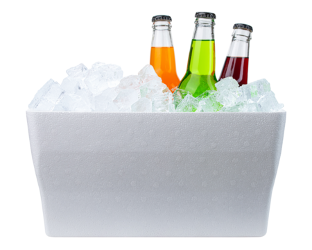 Cooler with ice and bottles of soda. Styrofoam Cooler box. White foam plastic cooler box for ice. Take cold beer, drink, food on the beach. Fridge container for picnic. Isolated on white background.