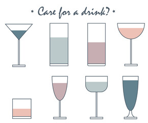 Set of cocktail glasses icons on white background, isolated vector illustration. Simple stylized silhouettes collection. Logotype