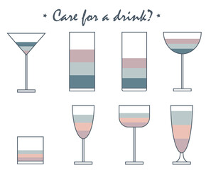 Set of cocktail glasses icons on white background, isolated vector illustration. Simple stylized silhouettes collection. Logotype