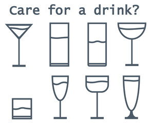 Set of cocktail glasses icons on white background, isolated vector illustration. Simple stylized silhouettes collection. Logotype