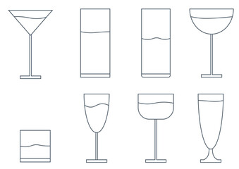 Set of cocktail glasses icons on white background, isolated vector illustration. Simple stylized silhouettes collection. Logotype