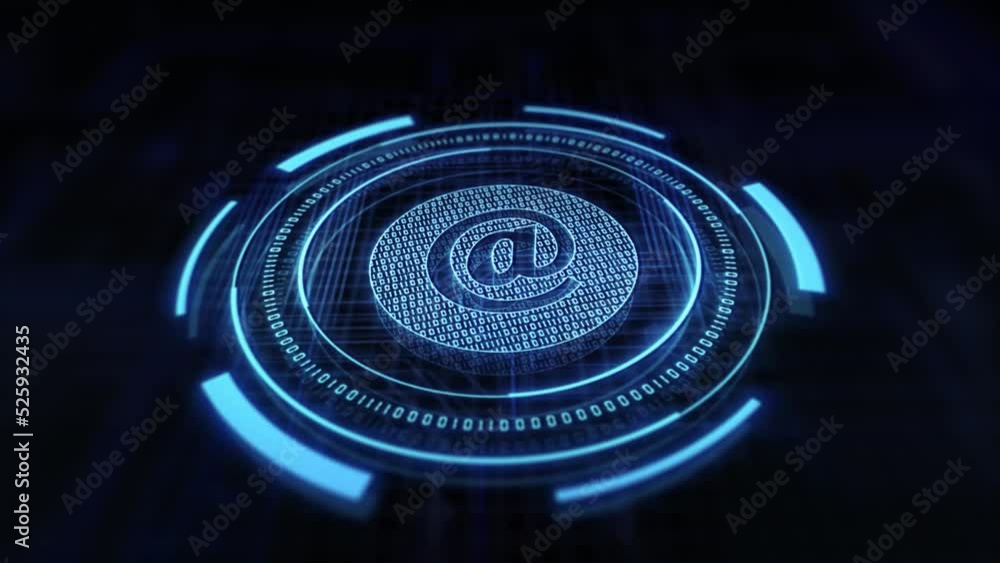 Poster email technology concept with @ symbol hud. blue neon futuristic hud. seamless loop.