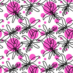 Seamless abstract pattern. Leaves, circles, dots. Pink, black, white. Line art. Vector. Designs for textile fabrics, wrapping paper, background, wallpaper, cover.