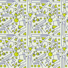 Seamless abstract geometric pattern. Circles, squares, triangles, lines. Blue, green, white. Doodle. Vector illustration. Memphis style. Design for textile fabrics, wrapping paper, wallpaper, cover.