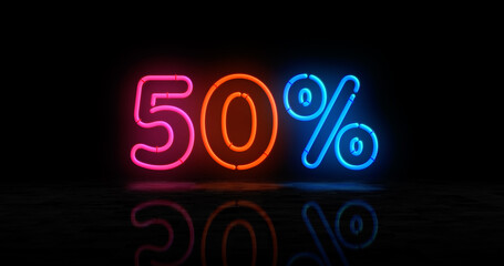 50% percent off neon light 3d illustration
