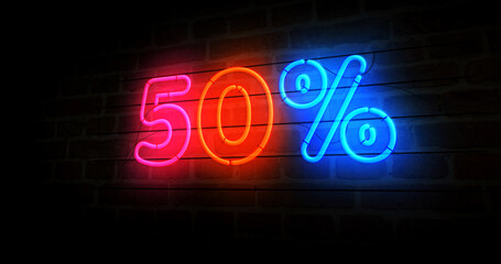50% percent off neon light 3d illustration