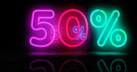 50% percent off neon light 3d illustration