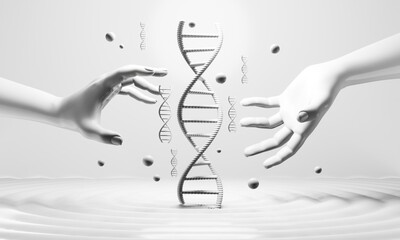 hand with dna human helix molecules cell, research of science biological,man with blood structure genome, 3d illustration rendering