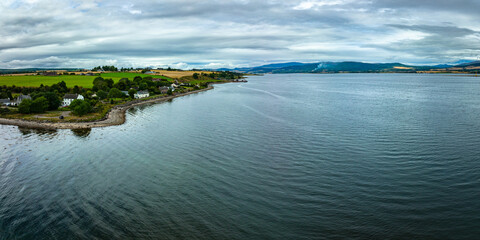 Aerial view of the black island and Cromarty firth in the north east highlands of Scotland during autumn