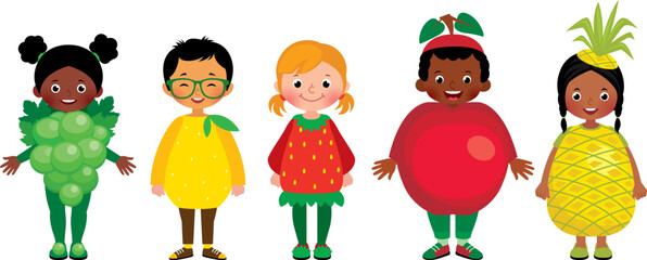 Children of different nationalities in fruit costumes vector illustration clipart