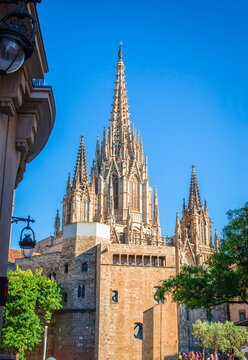 Old Cathedral in Gothic Quarter (Barri Gotic), Barcelona, Catalonia, Spain.  Cityscape of Barcelona