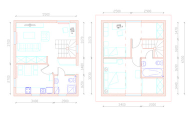 Architectural plan of small house in two floors with dimensions on drawing on white background