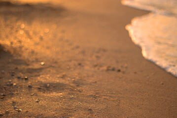 The sandy shore of the Sea of Azov at sunset, a warm summer evening, the waves are beating against the shore, stroking the sand with sea foam, defocus, selective focus.