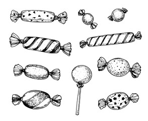 Candy, sweets hand drawn sketch collection. Vector illustration. Candies set. Sketch style.