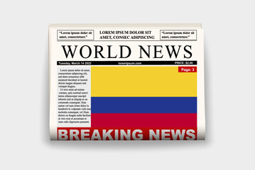 Colombia country newspaper with flag, breaking news on newsletter, news concept, gazette page with headline