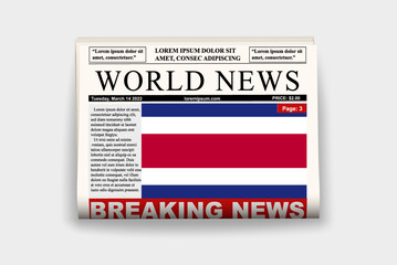 Costa Rica country newspaper with flag, breaking news on newsletter, news concept, gazette page with headline