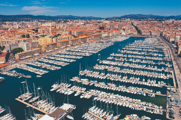 Aerial view of Vieux Port of Marseille during sunset , France