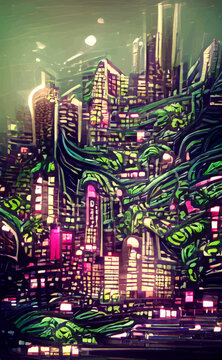 Futuristic Abstract City In Shades Of Green. Modern Digital Illustration.Vector