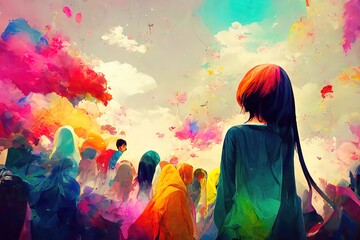 Colorful Anime Scene, clouds rainbow