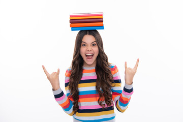 Schoolgirl with copy book posing on isolated background. Literature lesson, grammar school....
