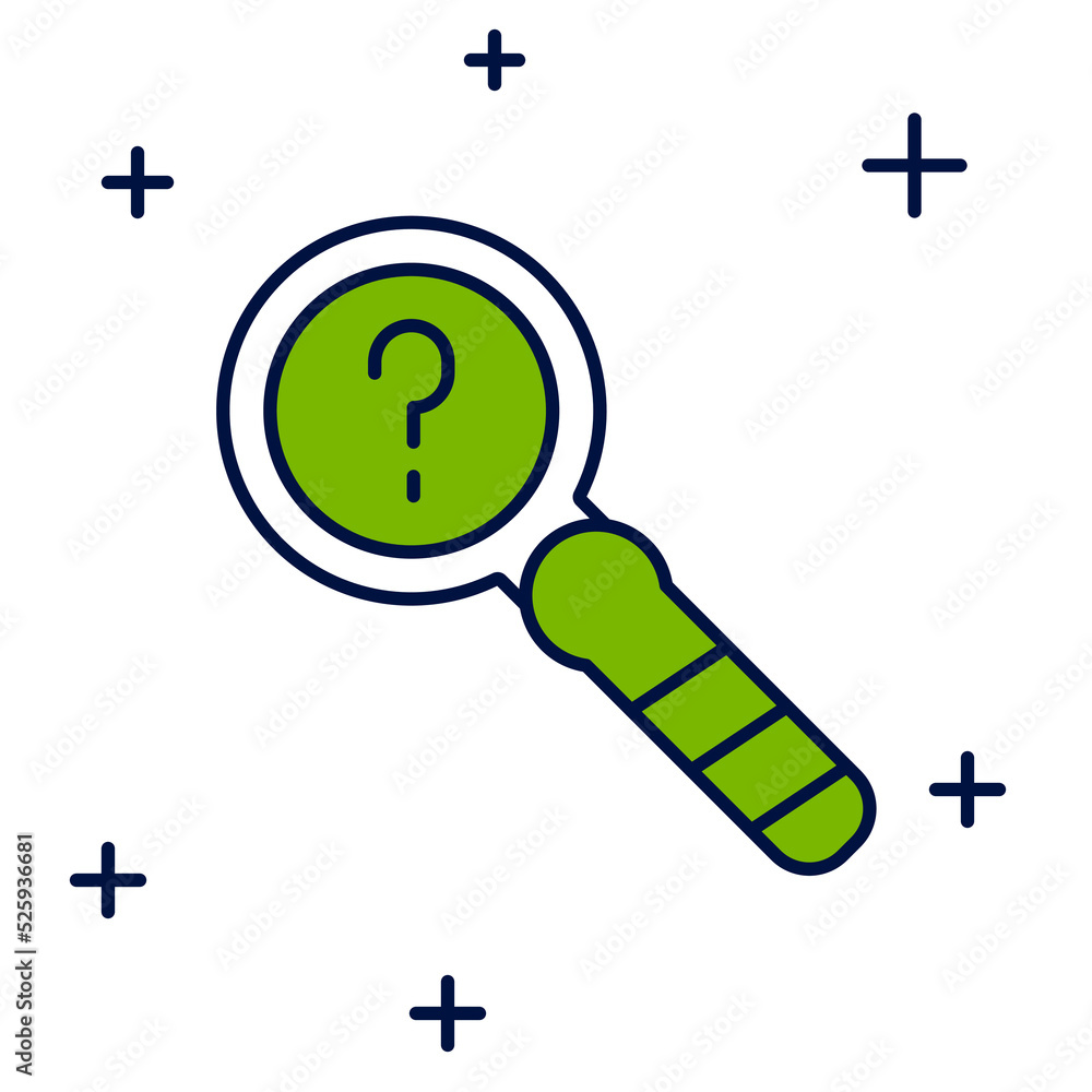 Poster filled outline unknown search icon isolated on white background. magnifying glass and question mark.